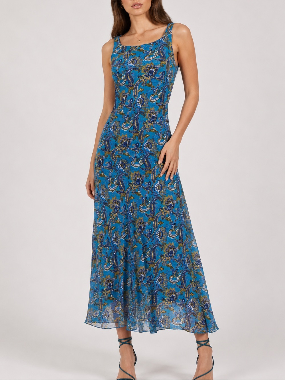Vintage Reversible Maxi Dress Blue Paisley Floral Lace Boho Hippie Sleeveless